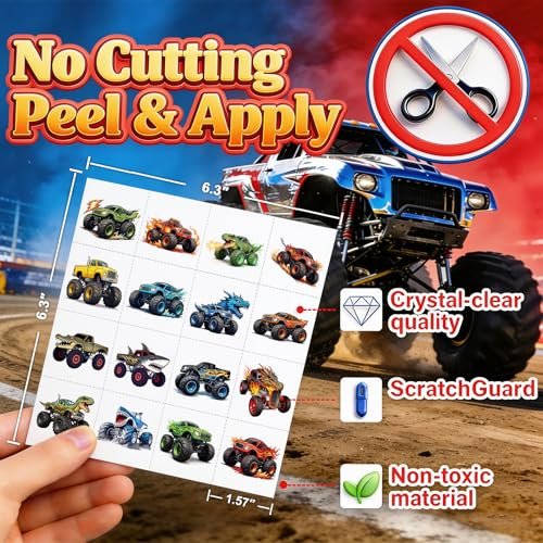 96 PCS Monster Truck Temporary Tattoos for Kids – Pre-Cut Racing Car Tattoo Stickers, Fun Body Art, Party Favors & Gift Bag Stuffers - görsel 7