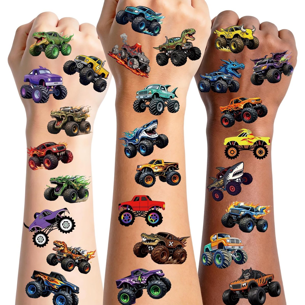 96 PCS Monster Truck Temporary Tattoos for Kids – Pre-Cut Racing Car Tattoo Stickers, Fun Body Art, Party Favors & Gift Bag Stuffers - görsel 2