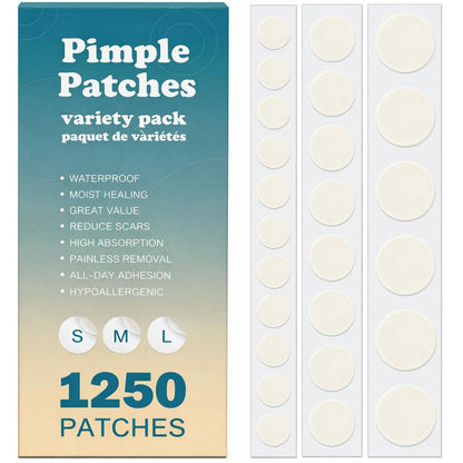TKGOU Pimple Patches for Face - 1250 Counts 3 Size Acne Patches, Hydrocolloid Spot Stickers for All Skin Types - Invisible Zit Patches to Shrink Blemishes & Breakouts