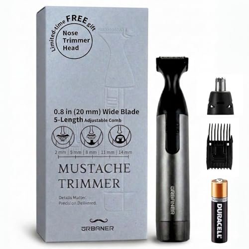 URBANER Mustache Trimmer with Nose & Ear Trimmer Attachment – Precision 0.8" Blade, IPX8 Waterproof, Adjustable 0.08"–0.55", Japanese Motor Beard Trimmer for Men Avelisse