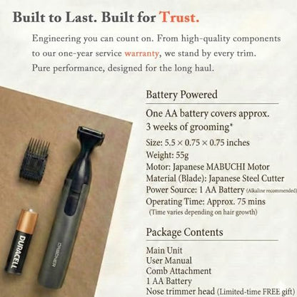 URBANER Mustache Trimmer with Nose & Ear Trimmer Attachment – Precision 0.8" Blade, IPX8 Waterproof, Adjustable 0.08"–0.55", Japanese Motor Beard Trimmer for Men Avelisse