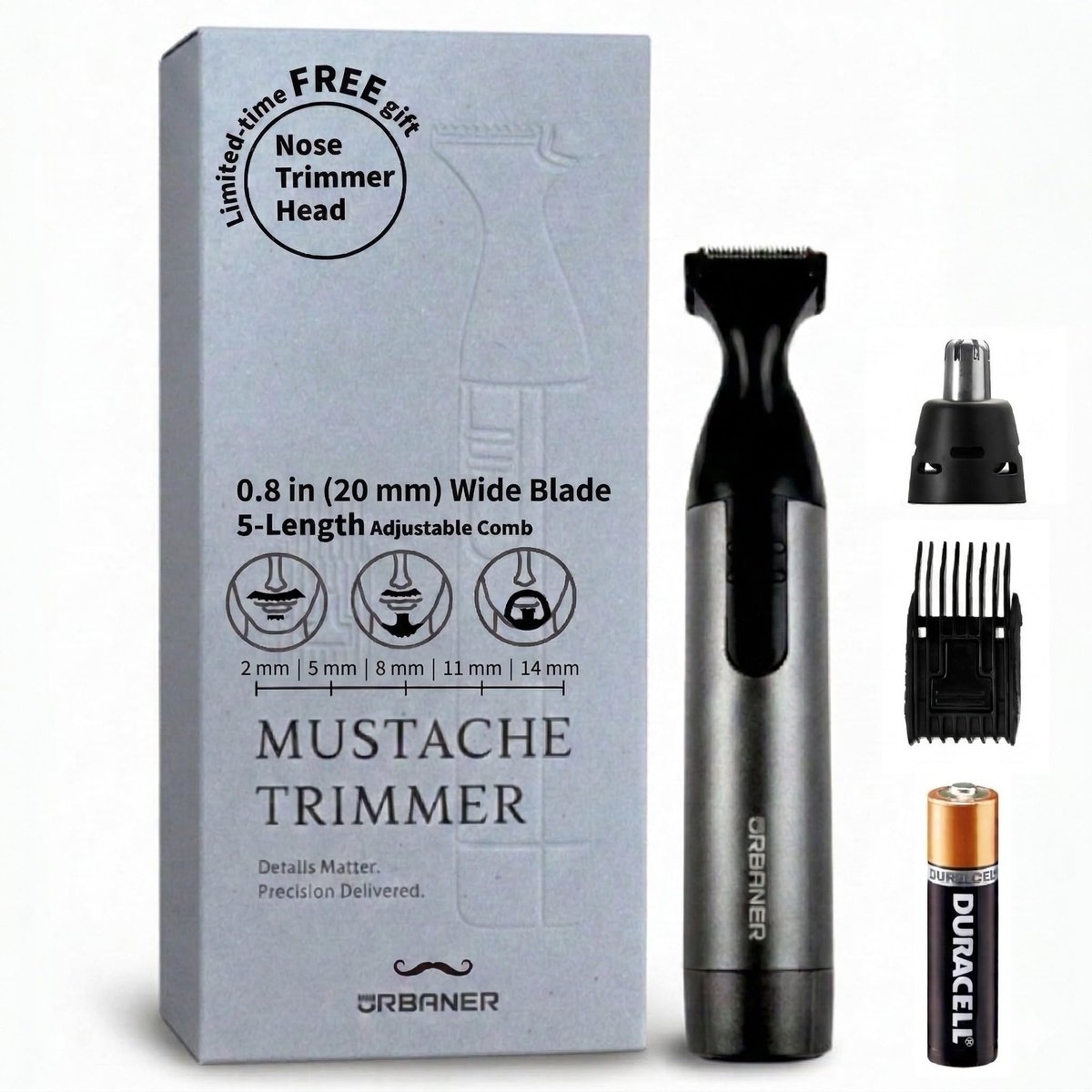 URBANER Mustache Trimmer with Nose & Ear Trimmer Attachment – Precision 0.8" Blade, IPX8 Waterproof, Adjustable 0.08"–0.55", Japanese Motor Beard Trimmer for Men Avelisse