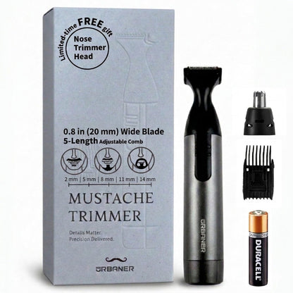URBANER Mustache Trimmer with Nose & Ear Trimmer Attachment – Precision 0.8" Blade, IPX8 Waterproof, Adjustable 0.08"–0.55", Japanese Motor Beard Trimmer for Men Avelisse