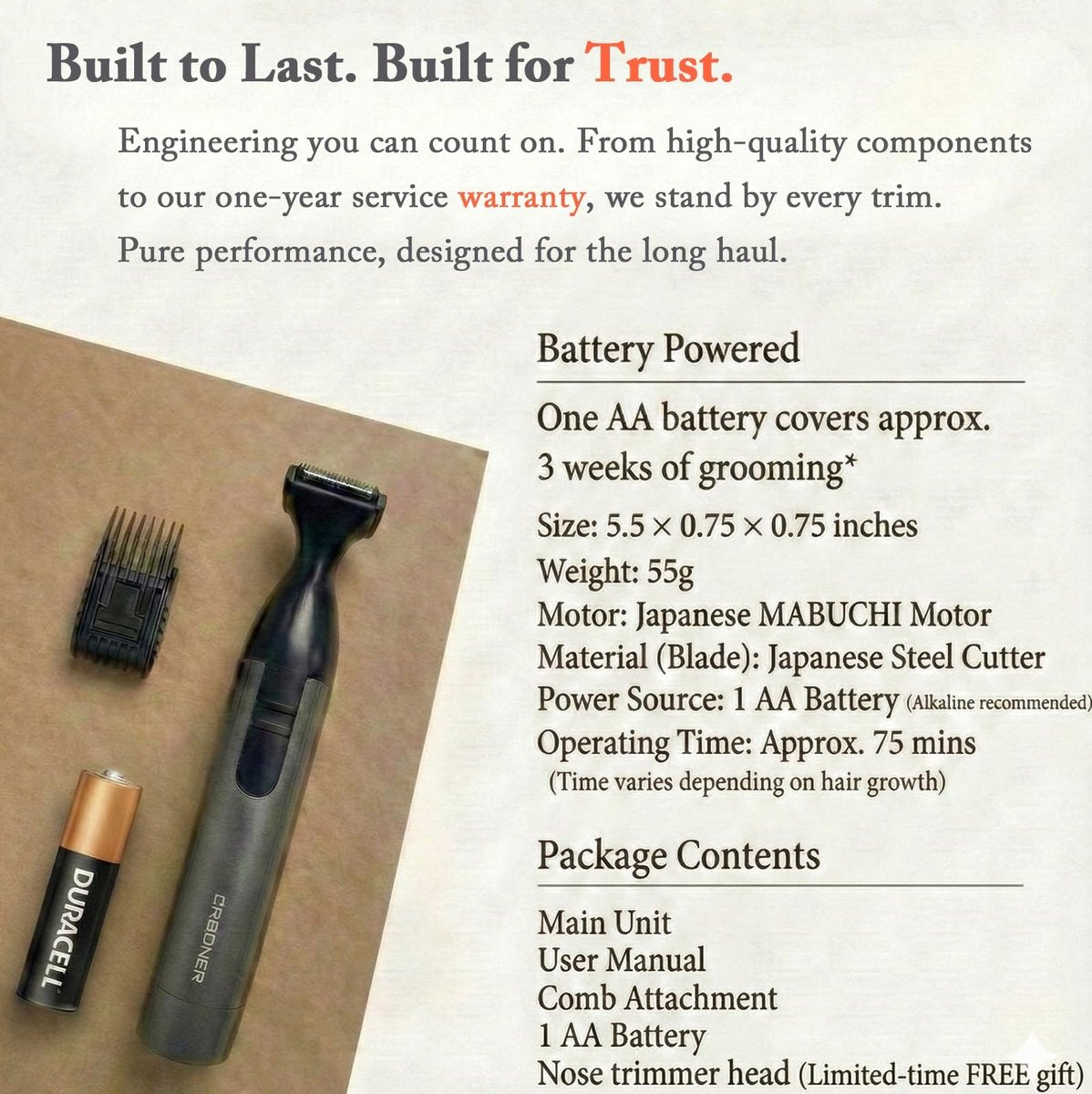 URBANER Mustache Trimmer with Nose & Ear Trimmer Attachment – Precision 0.8" Blade, IPX8 Waterproof, Adjustable 0.08"–0.55", Japanese Motor Beard Trimmer for Men Avelisse