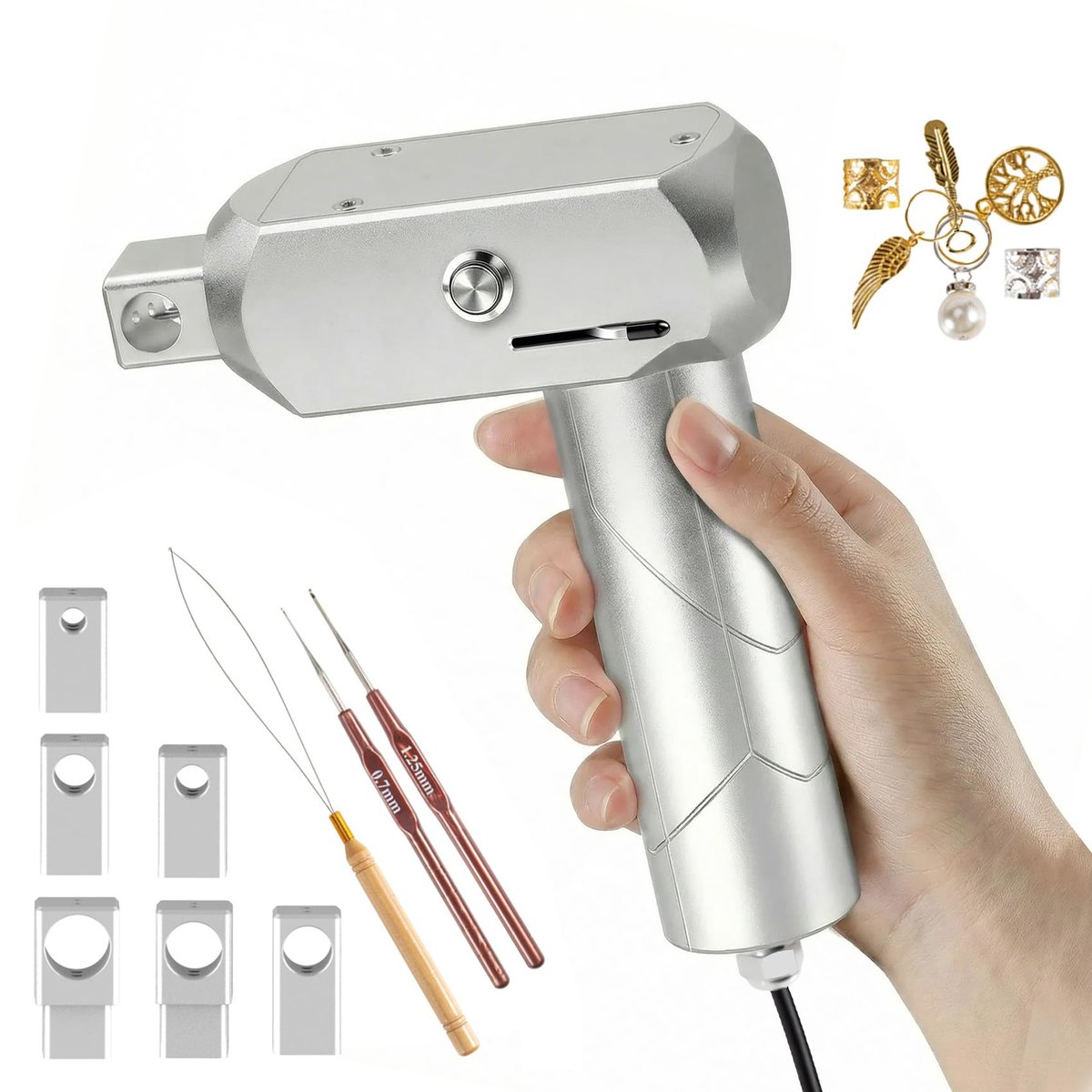 3rd-Gen Dreadlock Machine - Patented Needle Retraction, Handheld Instant Loc Tool, Lightweight Aluminum Body, 6 Braiding Heads, Tangle Resistant for Salon & Home Use (Silver) Avelisse