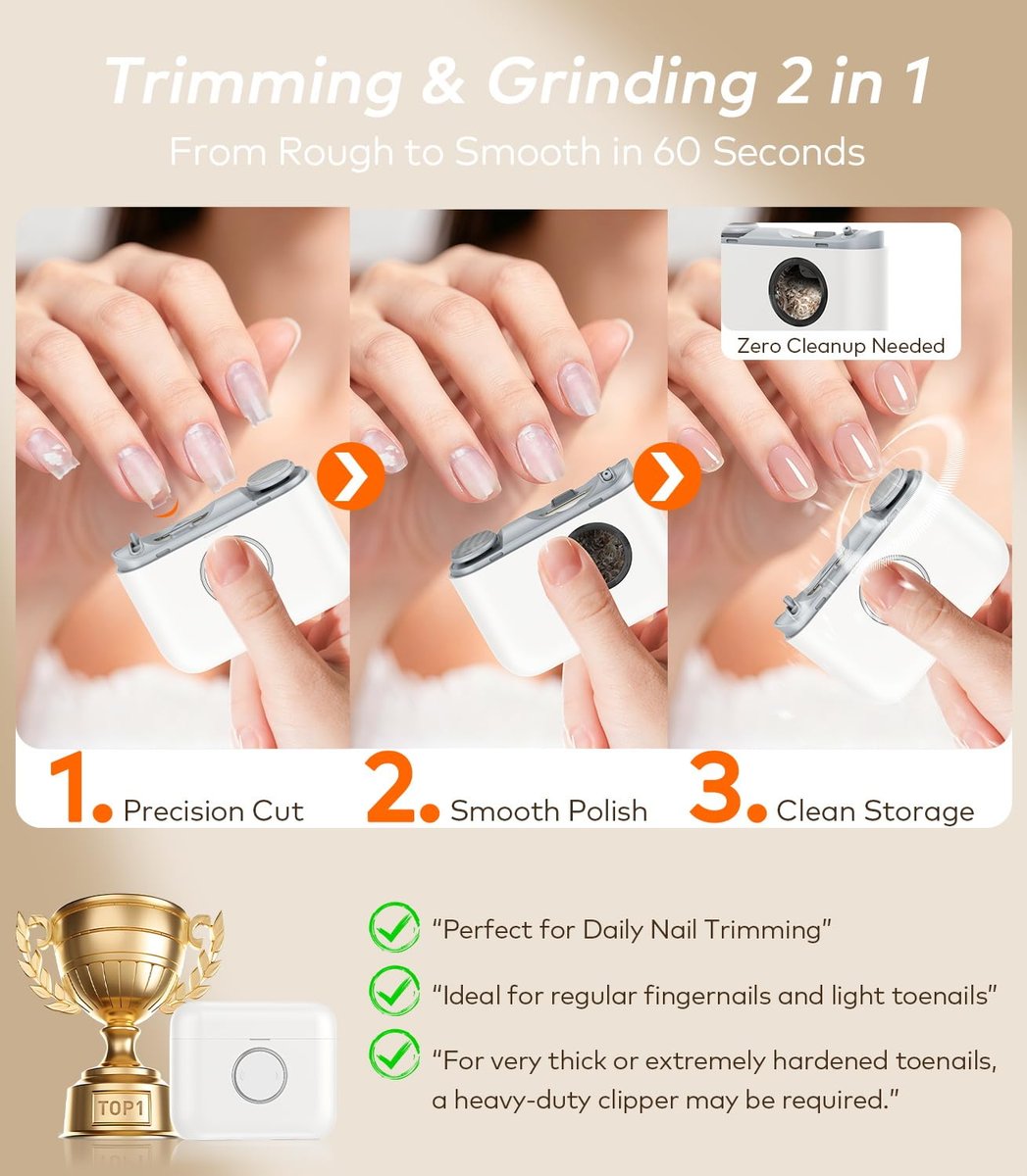 Whoalty Electric Nail Clipper - Automatic Nail Trimmer for Toe & Finger Nails with Dual-Blade Precision, Ultra-Quiet & Safe Electric Nail File with LED Light, 2-in-1 Trimmer & Grind for Seniors and Baby, White Avelisse