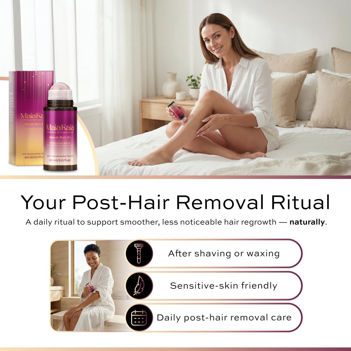 Cyperus Rotundus Oil Serum Roll-On with Rose Quartz – Targeted Post-Hair Removal Care, 60 ml Avelisse