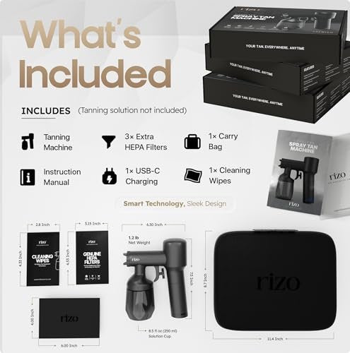 RIZO Cordless Spray Tan Machine Kit - Portable Rechargeable Airbrush Tanning Gun for Home & Professional Use, Precise Mist Control, Easy Clean, Natural Bronze Results Avelisse