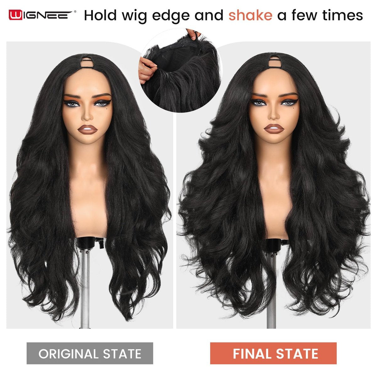 WIGNEE Yaki Curly V Part Wig 26 Inch - Glueless Synthetic Half Wig with Flip Curls for Black Women (Natural Black) Avelisse