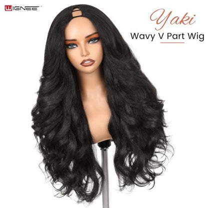 WIGNEE Yaki Curly V Part Wig 26 Inch - Glueless Synthetic Half Wig with Flip Curls for Black Women (Natural Black) Avelisse