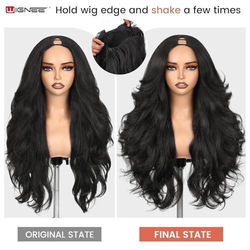 WIGNEE Yaki Curly V Part Wig 26 Inch - Glueless Synthetic Half Wig with Flip Curls for Black Women (Natural Black) Avelisse