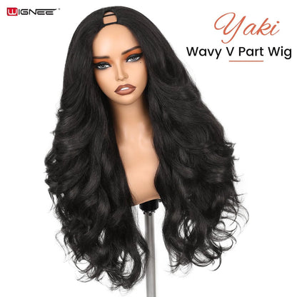 WIGNEE Yaki Curly V Part Wig 26 Inch - Glueless Synthetic Half Wig with Flip Curls for Black Women (Natural Black) Avelisse