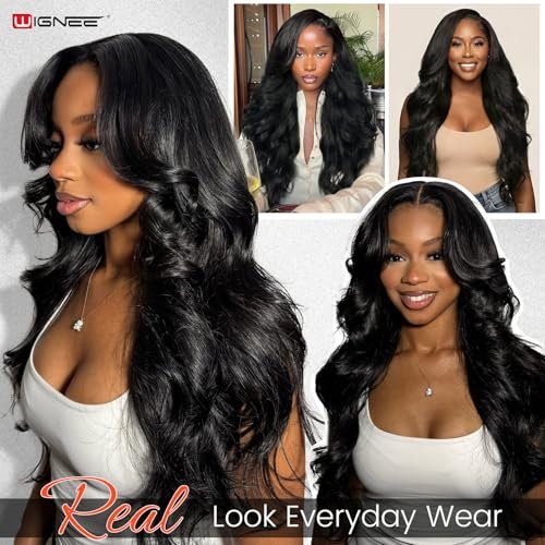WIGNEE Yaki Curly V Part Wig 26 Inch - Glueless Synthetic Half Wig with Flip Curls for Black Women (Natural Black) Avelisse