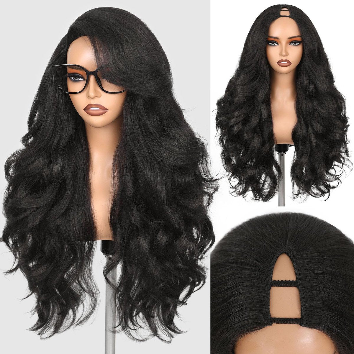 WIGNEE Yaki Curly V Part Wig 26 Inch - Glueless Synthetic Half Wig with Flip Curls for Black Women (Natural Black) Avelisse