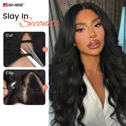 WIGNEE Yaki Curly V Part Wig 26 Inch - Glueless Synthetic Half Wig with Flip Curls for Black Women (Natural Black) Avelisse