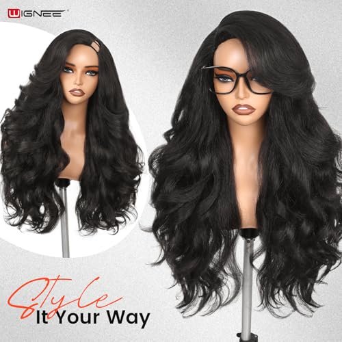WIGNEE Yaki Curly V Part Wig 26 Inch - Glueless Synthetic Half Wig with Flip Curls for Black Women (Natural Black) Avelisse