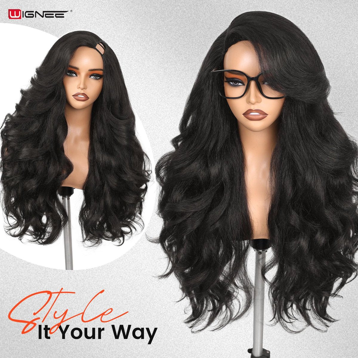 WIGNEE Yaki Curly V Part Wig 26 Inch - Glueless Synthetic Half Wig with Flip Curls for Black Women (Natural Black) Avelisse