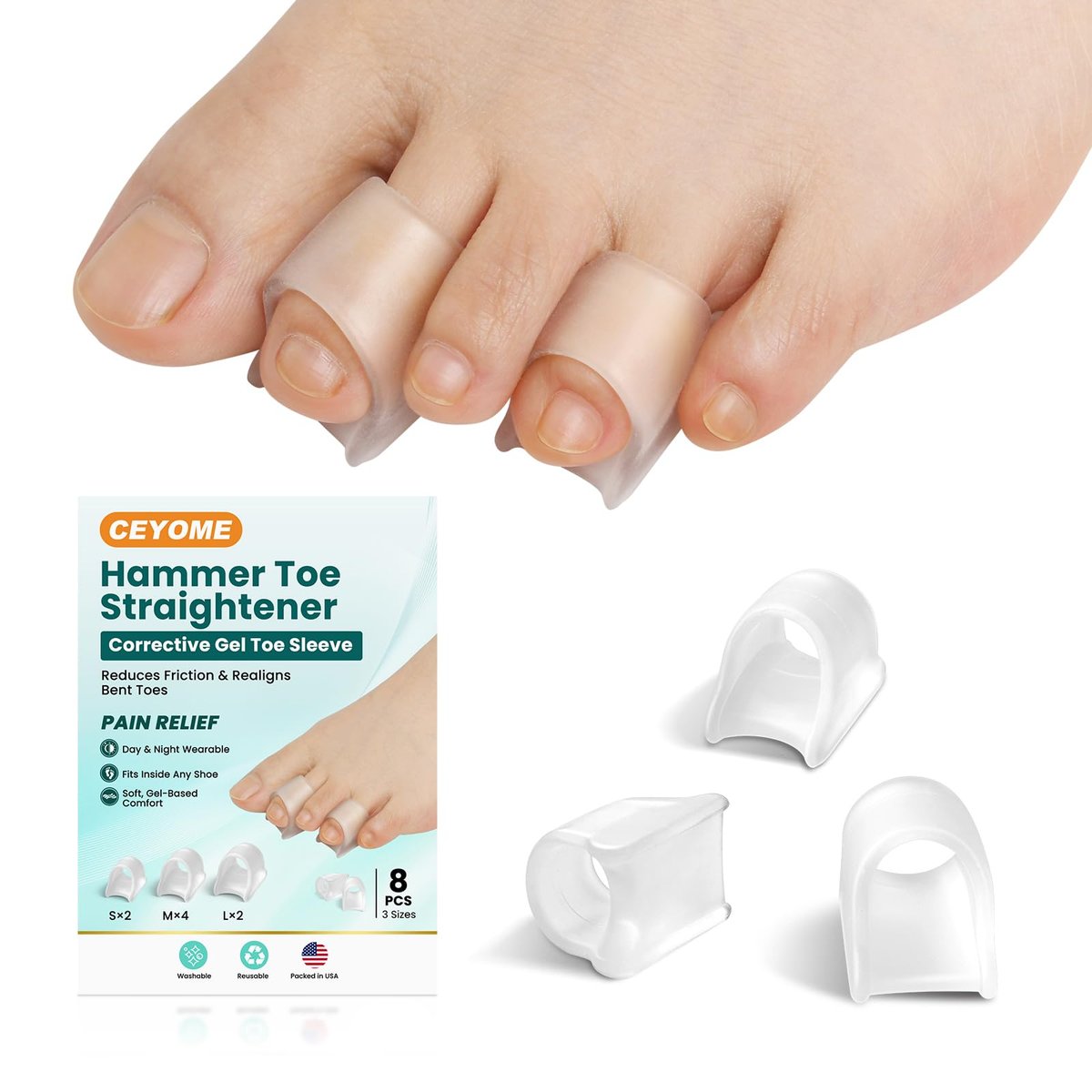 CEYOME Hammer Toe Straighteners for Women & Men – 8 Pack Toe Splints for Bent, Claw & Curled Toes – Gel Toe Corrector Supports Alignment for Walking, Standing, Running – 3 Sizes (S/M/L) - görsel 1
