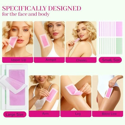 84-Piece Wax Strips for Face Hair Removal - Complete Body Waxing Kit for Women with 40 Body + 40 Facial Wax Strips & 4 Calming Oil Wipes Avelisse