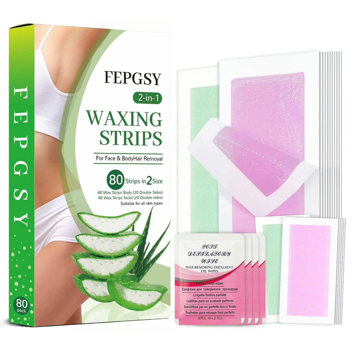 84-Piece Wax Strips for Face Hair Removal - Complete Body Waxing Kit for Women with 40 Body + 40 Facial Wax Strips & 4 Calming Oil Wipes Avelisse