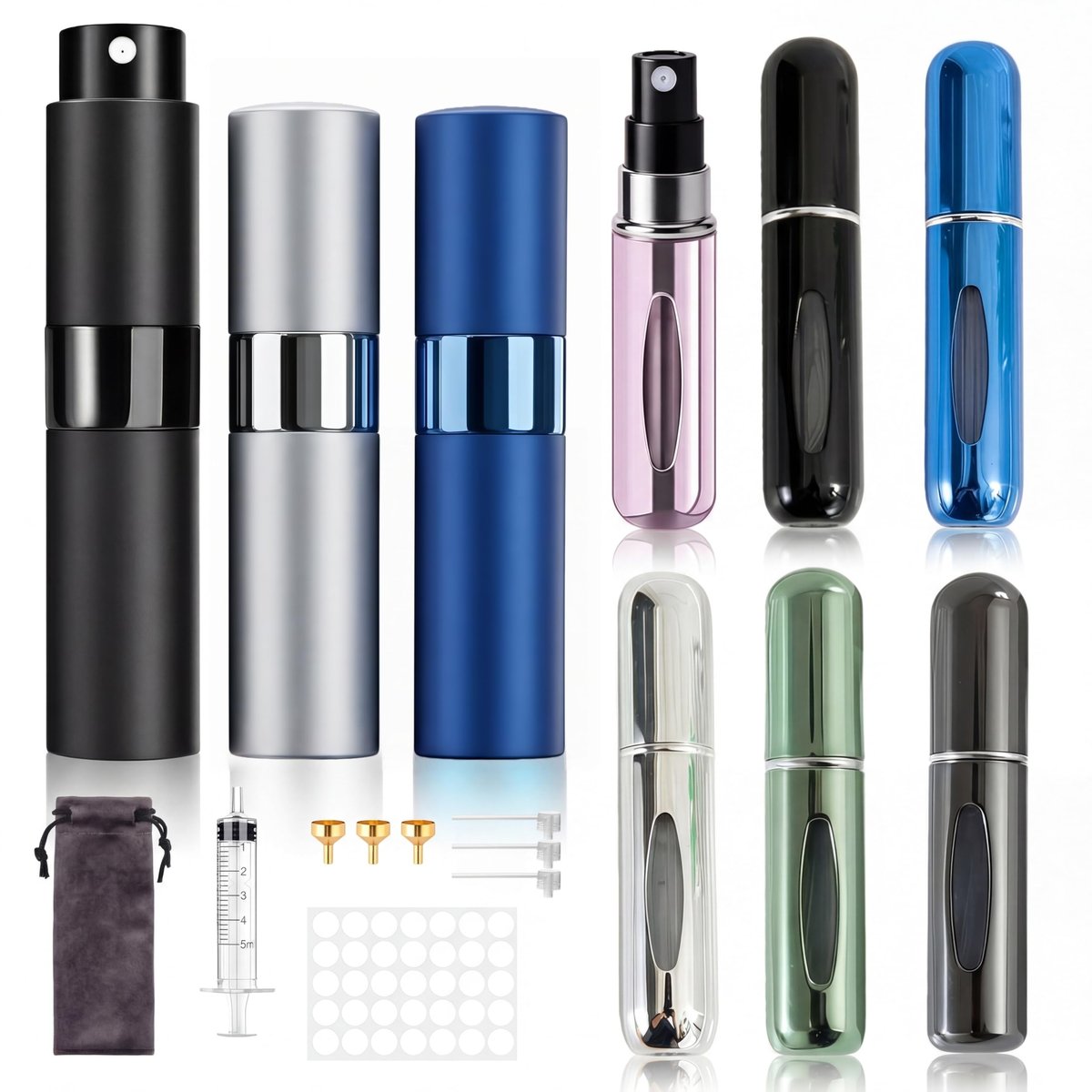 Hoodupo 8ml Atomizer Perfume Travel Size Spray Bottle Empty Refillable (3 Pcs) + 5ml Mini Portable Cologne Dispenser Refill (6 Pcs) - Small Fragrance Accessories Set for Men and Women Avelisse