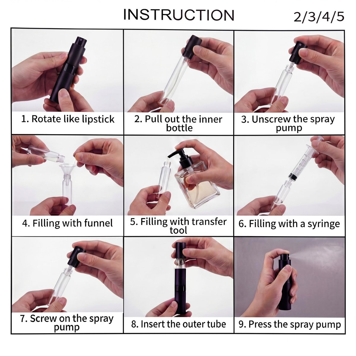 Hoodupo 8ml Atomizer Perfume Travel Size Spray Bottle Empty Refillable (3 Pcs) + 5ml Mini Portable Cologne Dispenser Refill (6 Pcs) - Small Fragrance Accessories Set for Men and Women Avelisse