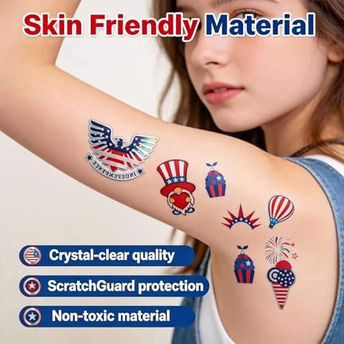 12 Sheets 4th of July Temporary Tattoos – Patriotic American Flag Red White and Blue Body Stickers for Independence Day Party Decorations and USA Holiday Accessories - görsel 6