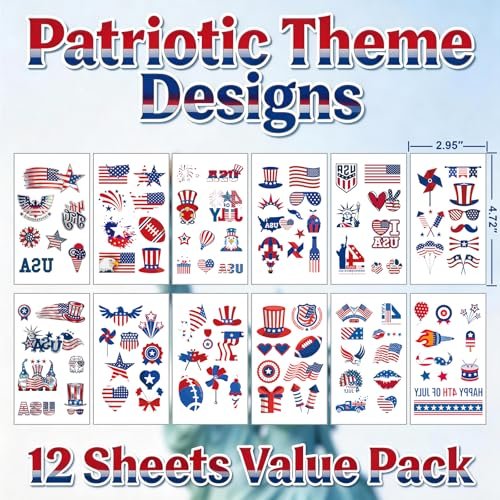 12 Sheets 4th of July Temporary Tattoos – Patriotic American Flag Red White and Blue Body Stickers for Independence Day Party Decorations and USA Holiday Accessories - görsel 8