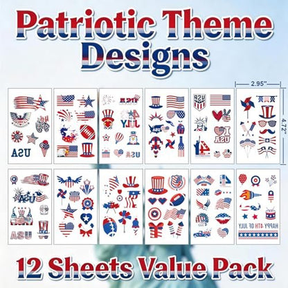 12 Sheets 4th of July Temporary Tattoos – Patriotic American Flag Red White and Blue Body Stickers for Independence Day Party Decorations and USA Holiday Accessories