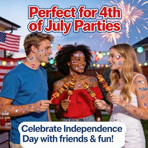 12 Sheets 4th of July Temporary Tattoos – Patriotic American Flag Red White and Blue Body Stickers for Independence Day Party Decorations and USA Holiday Accessories - görsel 4
