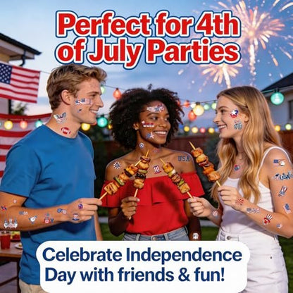 12 Sheets 4th of July Temporary Tattoos – Patriotic American Flag Red White and Blue Body Stickers for Independence Day Party Decorations and USA Holiday Accessories