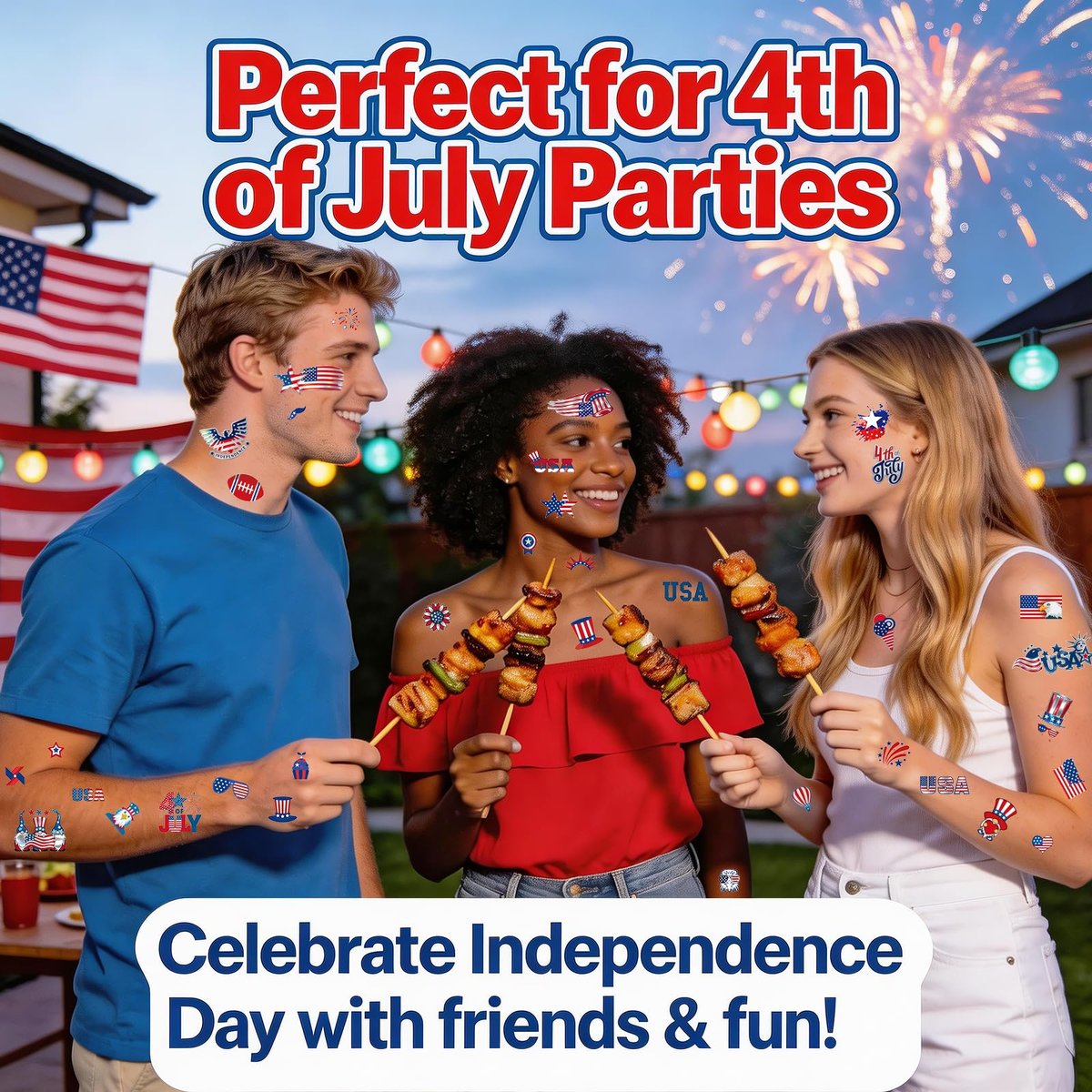 12 Sheets 4th of July Temporary Tattoos – Patriotic American Flag Red White and Blue Body Stickers for Independence Day Party Decorations and USA Holiday Accessories - görsel 3