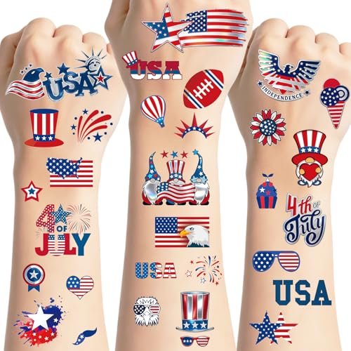 12 Sheets 4th of July Temporary Tattoos – Patriotic American Flag Red White and Blue Body Stickers for Independence Day Party Decorations and USA Holiday Accessories - görsel 2