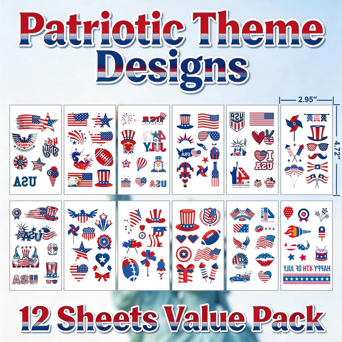 12 Sheets 4th of July Temporary Tattoos – Patriotic American Flag Red White and Blue Body Stickers for Independence Day Party Decorations and USA Holiday Accessories - görsel 7