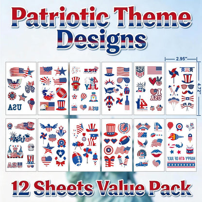 12 Sheets 4th of July Temporary Tattoos – Patriotic American Flag Red White and Blue Body Stickers for Independence Day Party Decorations and USA Holiday Accessories