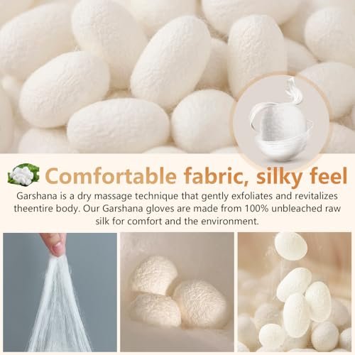 Garshana Gloves Raw Silk Massage – Set of 2 White Silk Gloves for Dry Brushing & Exfoliation with Elastic Wrist Bands Avelisse