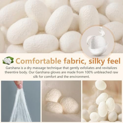 Garshana Gloves Raw Silk Massage – Set of 2 White Silk Gloves for Dry Brushing & Exfoliation with Elastic Wrist Bands Avelisse