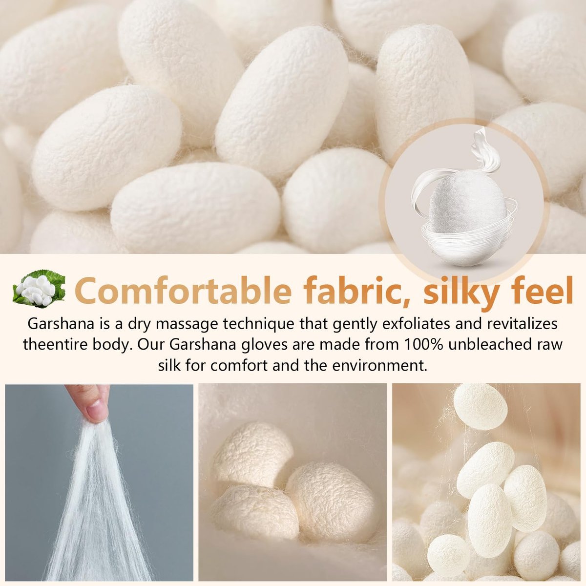 Garshana Gloves Raw Silk Massage – Set of 2 White Silk Gloves for Dry Brushing & Exfoliation with Elastic Wrist Bands Avelisse