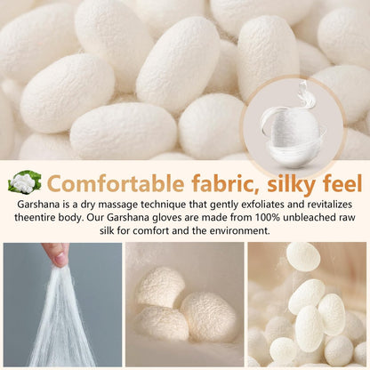Garshana Gloves Raw Silk Massage – Set of 2 White Silk Gloves for Dry Brushing & Exfoliation with Elastic Wrist Bands Avelisse