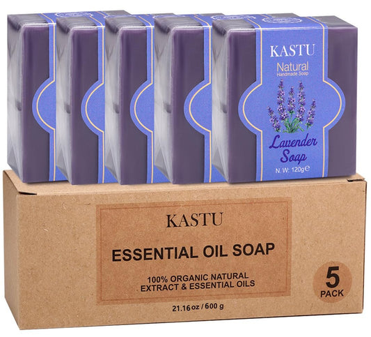 kastu Lavender Oils Soap Bar for Face & Body - Moisturizing, Natural Handmade, Hypoallergenic Beauty Bar for Sensitive Skin, Gentle Cleanser, 5 Pack x 120g Avelisse