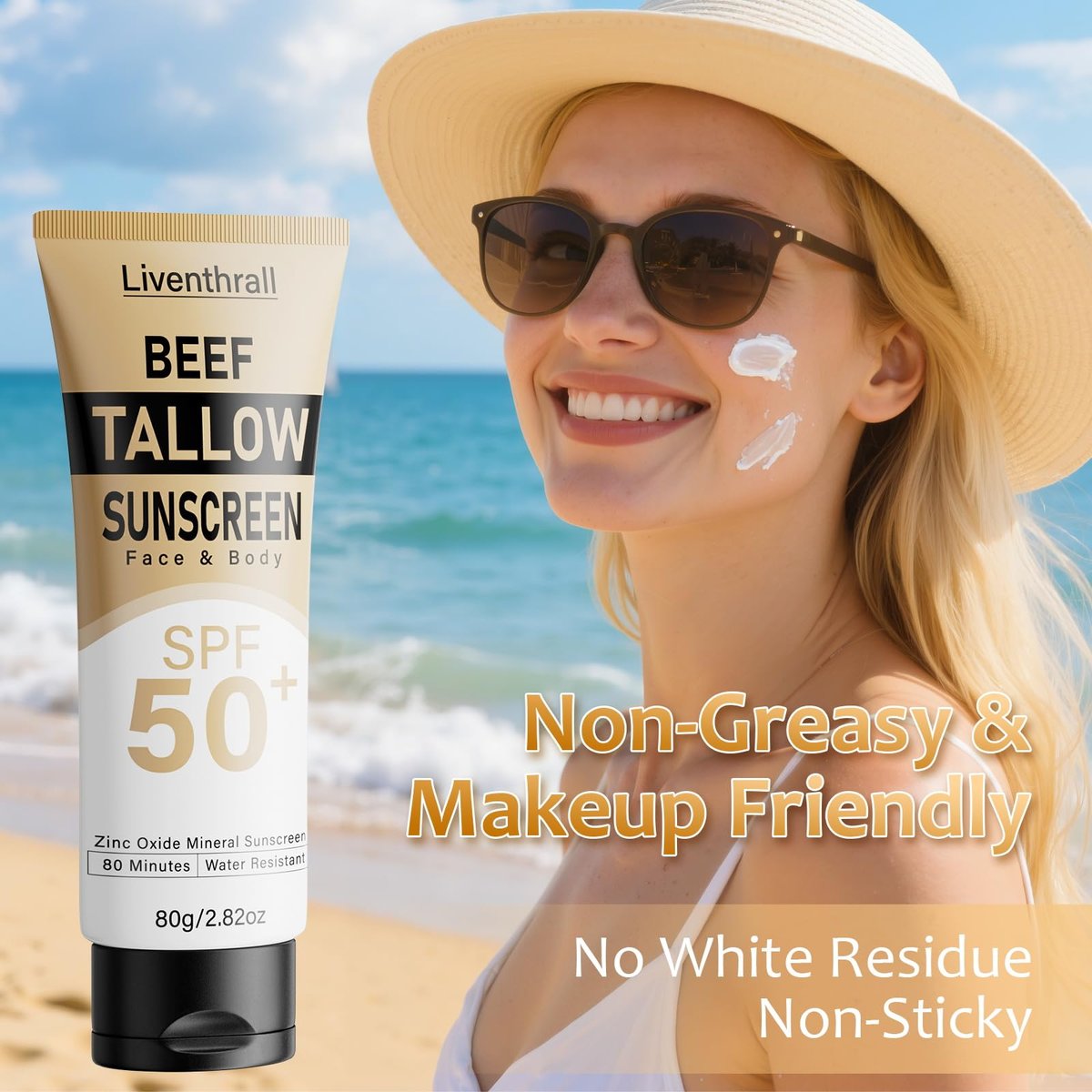 AKIICHI Mineral Sunscreen SPF 50 with Non-Toxic Zinc Oxide & Organic Beef Tallow – Natural Sunblock for Face & Body, 2.82 oz Avelisse