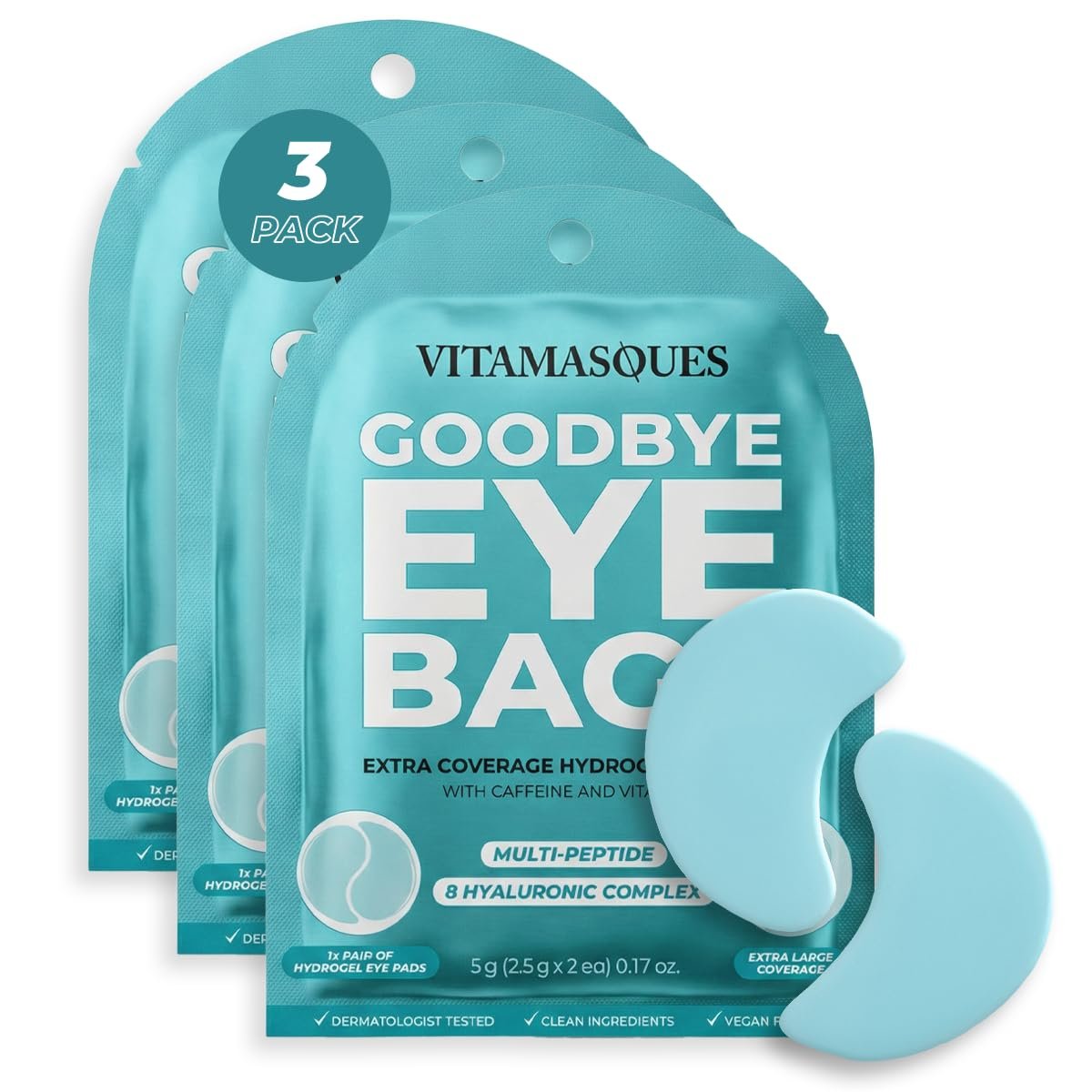 Vitamasques Goodbye Eye Bags XL Under Eye Patches - Caffeine Collagen Eye Mask for Dark Circles & Puffiness, Brightening Korean Eye Patches - 3 Pairs Hydrating Ultra Cooling Hydrogel Pads - görsel 2