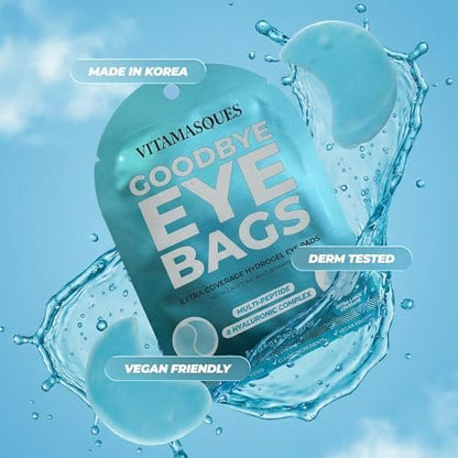 Vitamasques Goodbye Eye Bags XL Under Eye Patches - Caffeine Collagen Eye Mask for Dark Circles & Puffiness, Brightening Korean Eye Patches - 3 Pairs Hydrating Ultra Cooling Hydrogel Pads