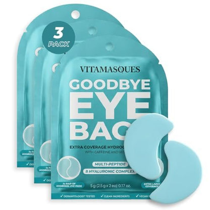 Vitamasques Goodbye Eye Bags XL Under Eye Patches - Caffeine Collagen Eye Mask for Dark Circles & Puffiness, Brightening Korean Eye Patches - 3 Pairs Hydrating Ultra Cooling Hydrogel Pads