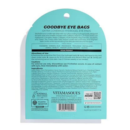 Vitamasques Goodbye Eye Bags XL Under Eye Patches - Caffeine Collagen Eye Mask for Dark Circles & Puffiness, Brightening Korean Eye Patches - 3 Pairs Hydrating Ultra Cooling Hydrogel Pads