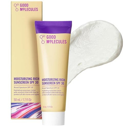 Good Molecules Moisturizing Rich Sunscreen SPF 30 – Mineral Zinc Oxide Face Sunscreen for Broad Spectrum UVA/UVB Protection, Hydrating, Fragrance-Free, No White Cast, 1.7 fl oz Avelisse