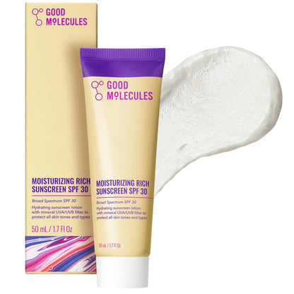 Good Molecules Moisturizing Rich Sunscreen SPF 30 – Mineral Zinc Oxide Face Sunscreen for Broad Spectrum UVA/UVB Protection, Hydrating, Fragrance-Free, No White Cast, 1.7 fl oz Avelisse