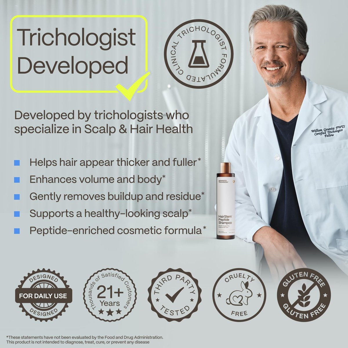 Hairstem™ Peptide Shampoo for Hair Growth – Peptide-Infused for Fuller, Stronger Looking Hair | Copper Tripeptide-1, Biotinoyl & Acetyl Peptides + Botanical Nutrients Avelisse