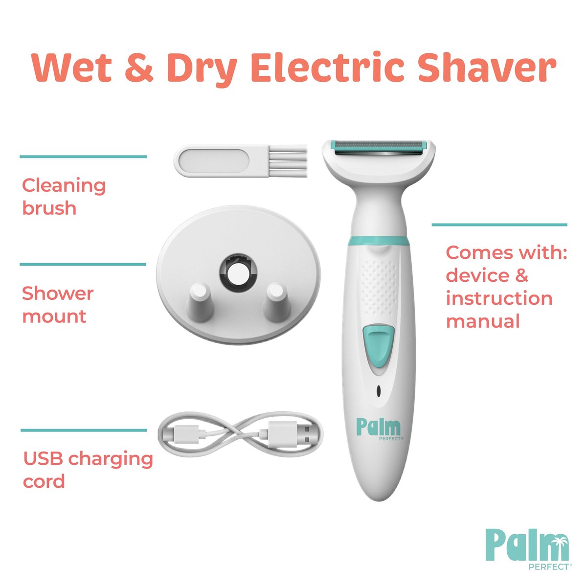PalmPerfect Rechargeable Women's Shaver – Waterproof Electric Razor with LED Light, Wall Mount & USB Charging Avelisse