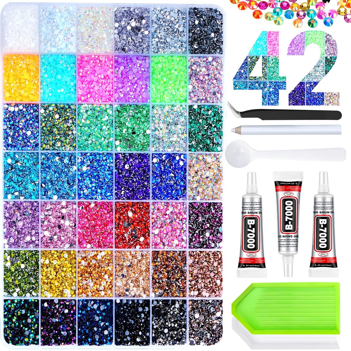 42 Colors 46000 Pcs Jelly Rhinestones for Bedazzling, 3mm Multicolor Resin Flatback Gems with 3 Pcs B7000 Glue - Crafting, Clothing, Shoes, Book, Diamond Art DIY Avelisse